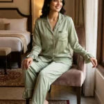 Frill Trimmed Valentina PJ set - Satin - Sage