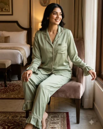 Frill Trimmed Valentina PJ set - Satin - Sage