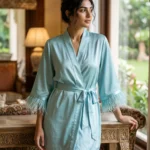 Satin robe with fethers - option 2 - Aqua