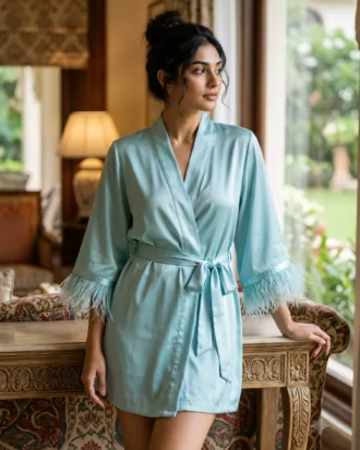 Satin robe with fethers - option 2 - Aqua