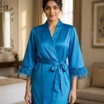 Satin robe with fethers - option 2 - Scuba Blue