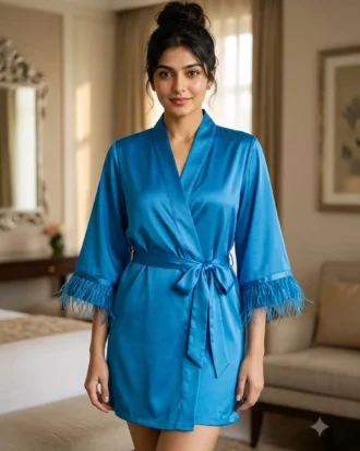 Satin robe with fethers - option 2 - Scuba Blue