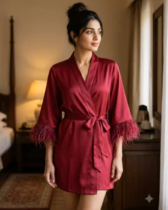 Satin robe with fethers - option 2 - Crimson/Cranberry