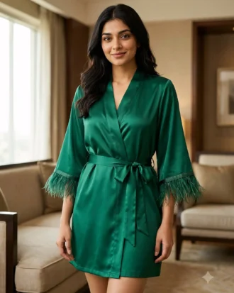 Satin robe with fethers - option 2 - Emerald