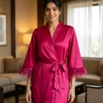 Satin robe with fethers - option 2 - Fuchsia
