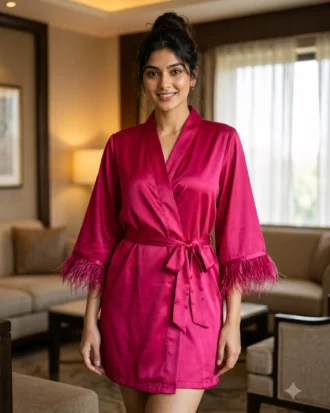 Satin robe with fethers - option 2 - Fuchsia