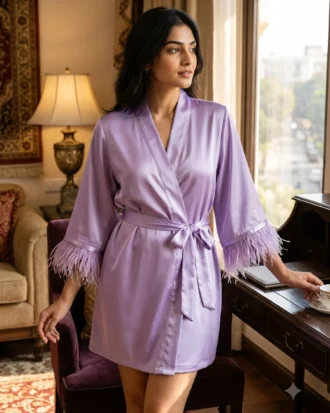 Satin robe with fethers - option 2 - Lavender