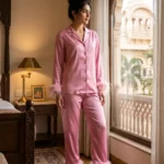 Satin PJ set with feathers - option 2 - Pink