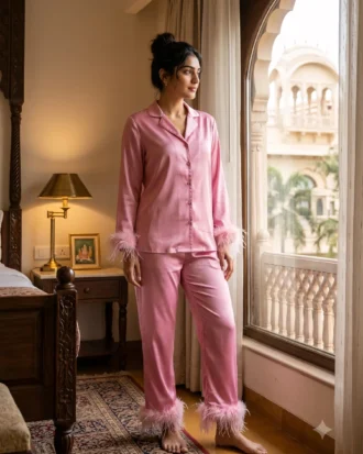 Satin PJ set with feathers - option 2 - Pink
