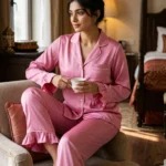 Frill Trimmed Valentina PJ set - Satin - Pink