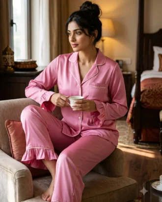 Frill Trimmed Valentina PJ set - Satin - Pink