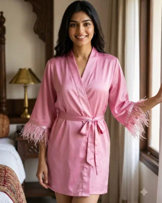 Satin robe with fethers - option 2 - Pink