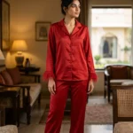 Satin PJ set with feathers - option 2 - Red
