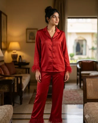 Satin PJ set with feathers - option 2 - Red