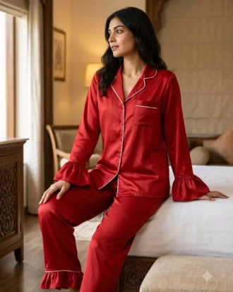 Frill Trimmed Valentina PJ set - Satin - Red