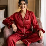 Frill Trimmed Valentina PJ set - Satin - Crimson/Cranberry