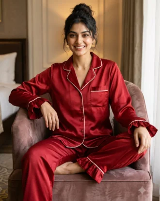 Frill Trimmed Valentina PJ set - Satin - Crimson/Cranberry