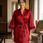 Satin robe with fethers - option 2 - Red