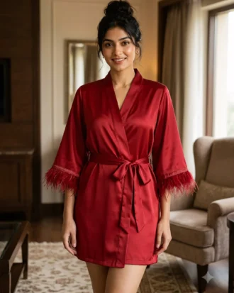 Satin robe with fethers - option 2 - Red