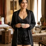 camisole + shorts + robe combo - Black