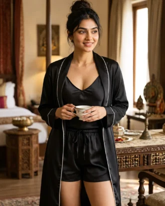 camisole + shorts + robe combo - Black