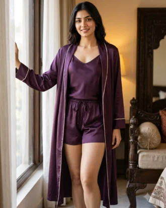 camisole + shorts + robe combo - Eggplant/Aubergine