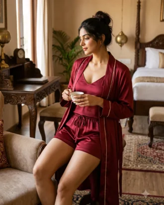 camisole + shorts + robe combo - Crimson/Cranberry