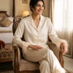 Satin PJ set with feathers - option 2 - Ivory