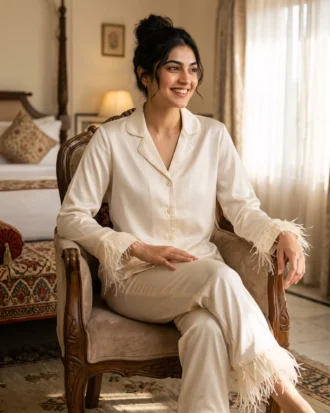 Satin PJ set with feathers - option 2 - Ivory