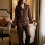 Satin PJ set with feathers - option 2 - Chocolate
