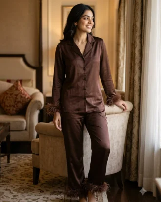 Satin PJ set with feathers - option 2 - Chocolate