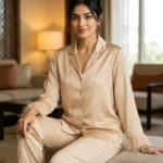 Satin PJ set with feathers - option 2 - Champagne