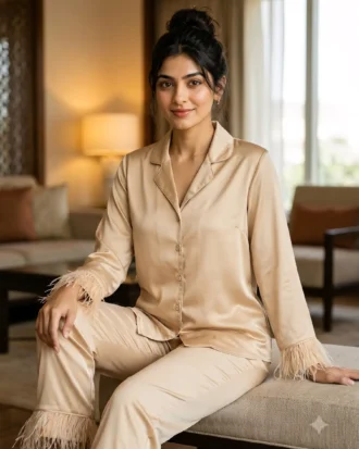 Satin PJ set with feathers - option 2 - Champagne