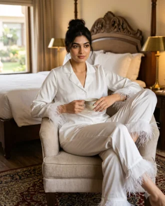 Satin PJ set with feathers - option 2 - White