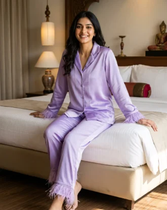 Satin PJ set with feathers - option 2 - Lavender
