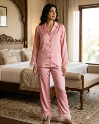 Satin PJ set with feathers - option 2 - Blush