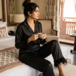 Satin PJ set with feathers - option 2 - Black