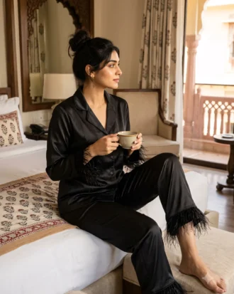 Satin PJ set with feathers - option 2 - Black