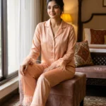 Satin PJ set with feathers - option 2 - Sweet Peach