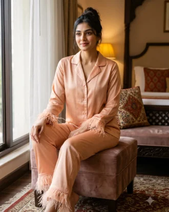 Satin PJ set with feathers - option 2 - Sweet Peach