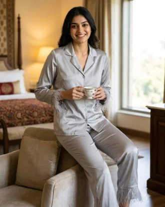 Satin PJ set with feathers - option 2 - Silver