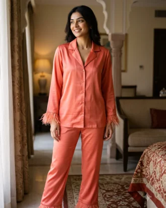 Satin PJ set with feathers - option 2 - Coral