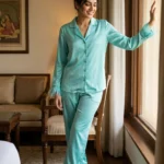 Satin PJ set with feathers - option 2 - Aqua