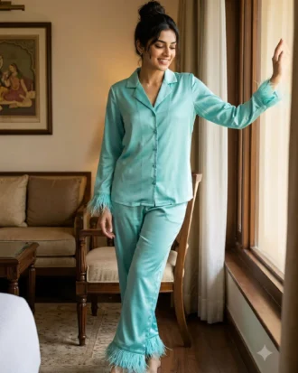 Satin PJ set with feathers - option 2 - Aqua