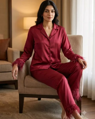 Satin PJ set with feathers - option 2 - Crimson/Cranberry