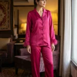 Satin PJ set with feathers - option 2 - Fuchsia