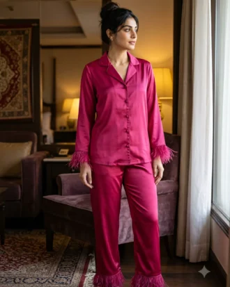 Satin PJ set with feathers - option 2 - Fuchsia
