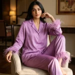 Satin PJ set with feathers - option 2 - Orchid