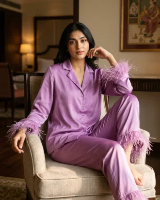 Satin PJ set with feathers - option 2 - Orchid