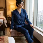 Satin PJ set with feathers - option 2 - Navy